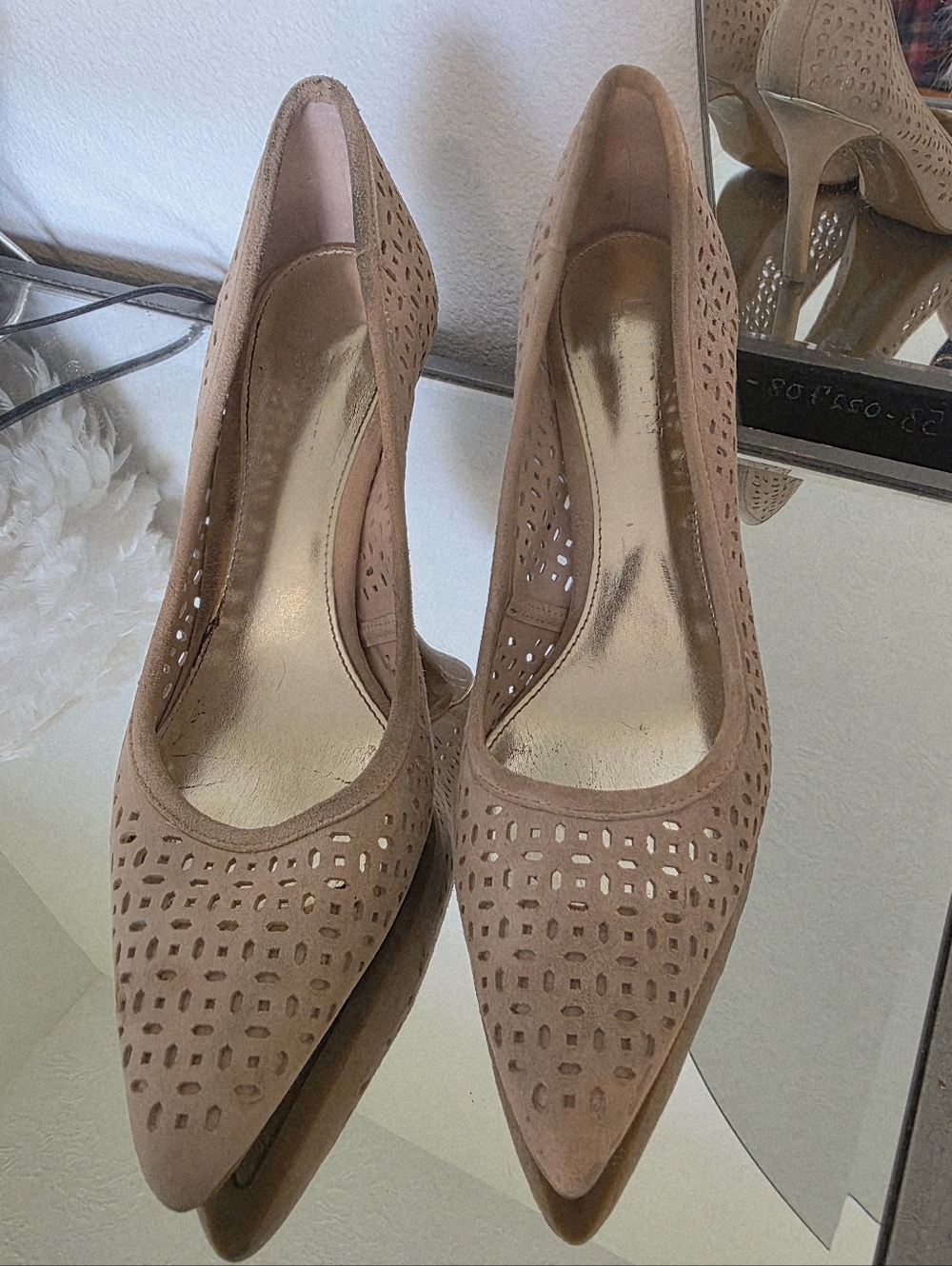 Ralph Lauren Taupe Perforated Pointed-Toe Pumps